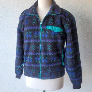 Vintage 90s L. L. Bean Womens Fleece Zip Sweater Blue Geometric Aztec Stripe S